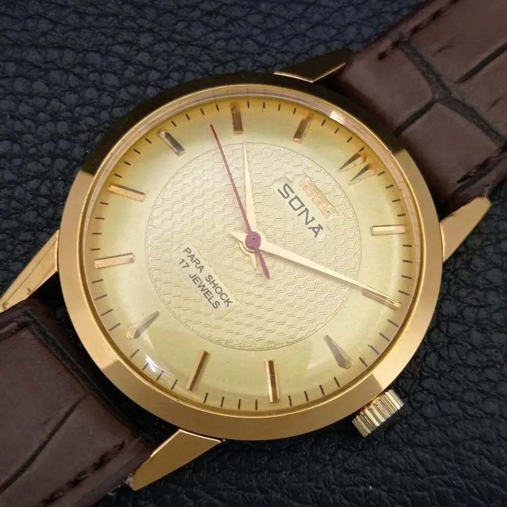 Vintage 1987 HMT Manual Wound Mens Gold Watch & Red accents